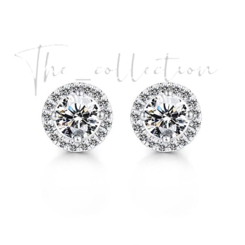 STERLING SILVER CLASSIC HALO ROUND CUT EARRINGS - Picture 3 of 3